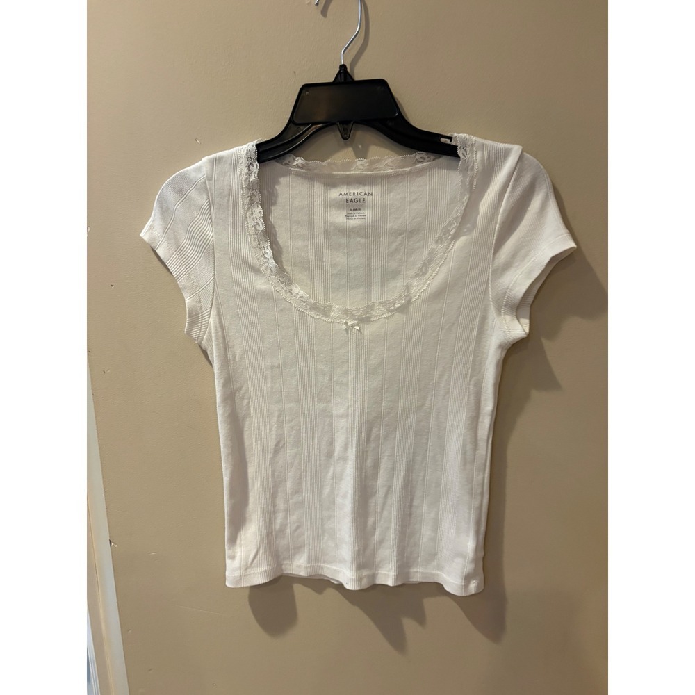 American Eagle Y2K White Ribbed Lace Trim Scoop Neck Baby Tee Top Womens Medium